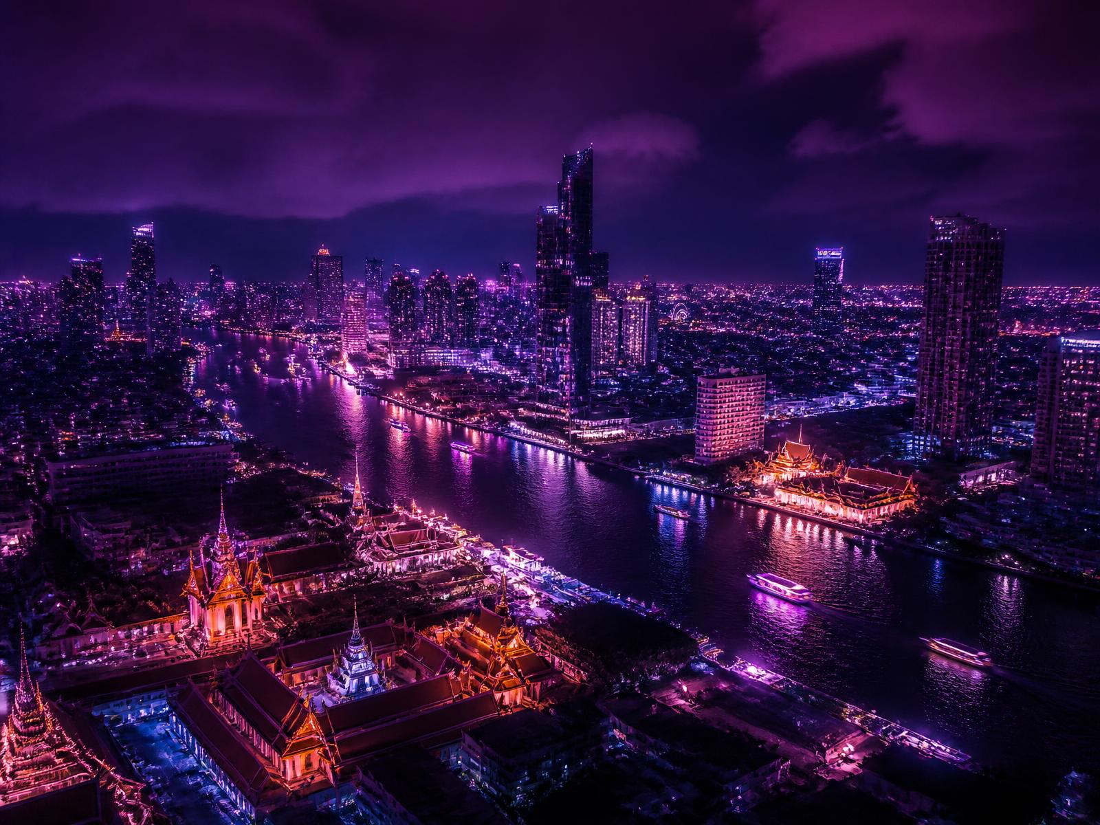 Bangkok skyline at night seen from above